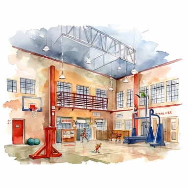 A school gym clipart in the style of watercolor illustrations, white background