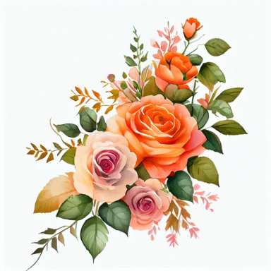one bouquet arranged roses watercolor clipart, the colors are Apricot Orange and Bubblegum Pink arranged clipart, watercolor, 8k, white blank background