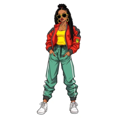 cartoon illustration of a cute black woman, wearing nike air jordan shoes, wearing a green, yellow and red fly 90s outfit, large hoop earrings, sunglasses, clipart, white background