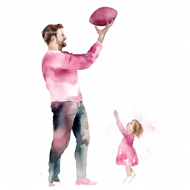 Watercolor, father and boy in pink playing American football, watercolor style clipart, solid white background