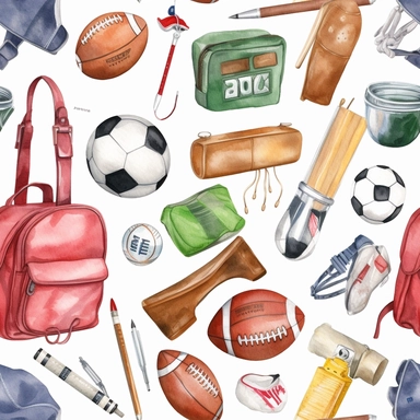 Watercolor style, sports, football, rugby, tennis, golf, cricket, variations, hyper realistic detailed clipart, colored pencils, erasers, backpacks on a white background