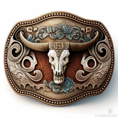 clipart, solid watercolor, realistic, detailed, isolated white background western belt buckle with skull clipart