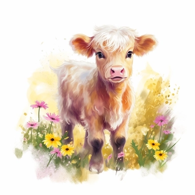 Make a clipart of a baby highland calf standing in pink, white and yellow daisies, use watercolor style, pastel colors