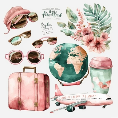Travel Watercolor Clipart, 19 Pink girly Travel Png, luggage, airplane, sunglasses, globe