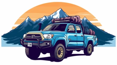A vibrant sticker featuring Hudson Bay Mountain, Smithers bc, Canada, with a vintage blue Toyota Tacoma TRD fully loaded, vector image of Toyota Tacoma, symbolizing rugged adventure. bright colors, blue emphasis, white background, flat, flat white background, isometric, vibrant vector, clipart, illustration, realism, 4k, cinematic, front view, white background.