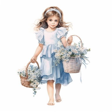 watercolor, hyper realistic, white background, white margins, 16k, ultra detailed clipart, cut out image, hand-drawn a girl in a dress with flowers and basket in front of her, in the style of dark white and light blue, children's book illustrations, soft watercolours, pictorial fabrics, light emerald and light brown, light white and light blue, magical