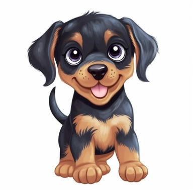 single isolated asset, cute happy Rottweiler puppy dancing, front view, chibi style, watercolor, professional vector clipart, white background