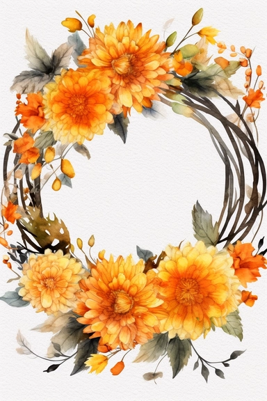 Halloween clipart, marigold Delicate watercolor illustration, White background, Cozy, clear picture, 8k, hd, isolatee on a white background, Wreath, Frame Clip Art
