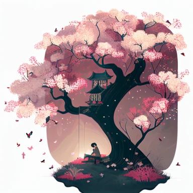 in the style of Ryo Takemasa, xuan loc xuan, Lisa Audit, Anastasia Suvorova, Jon Klassen, greg tocchini, single lady under sakura tree at night, fantasy, limpid, magical, mysterious, white background, vector, clipart, elaborate, ultra-detailed, best quality illustration, vibrant colors, high definition, UHD