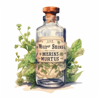 watercolor, hyper realistic, white background, white margins, 16k, ultra detailed clipart, cut out image, hand-drawn a vintage medicine bottle with a label that reads Mrs. Winslow's Soothing Syrup and a cork stopper, surrounded by herbs and flowers