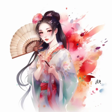 watercolor Disney Mulan holding a fan, magic lights, clipart, white background, by Kawacy