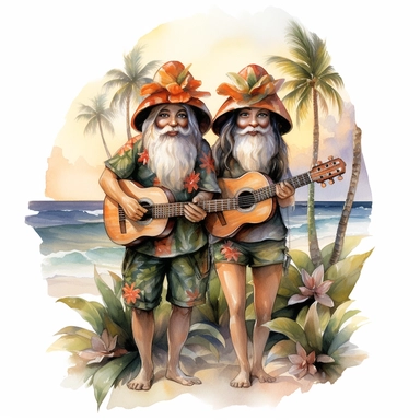 gnomes couple (man and woman) in Hawaii beach outfit, vibrant color, clipart, watercolor illustration, white background