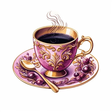 black coffee, in the style of watercolor illustrations, pink and gold, soft lilac, serenity and harmony, various stroke techniques, on white background, clipart, very detailed, Cartoon,hyper realistic, intricate detail, illustration style,high solution,on the white background