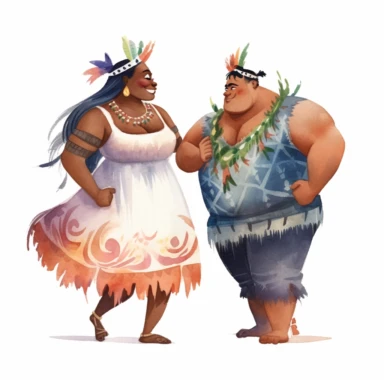 Overweight Indigenous bride and slim African groom, sharing a gentle dance, loving and tender, watercolor, Pixar style, Clipart on a white background.
