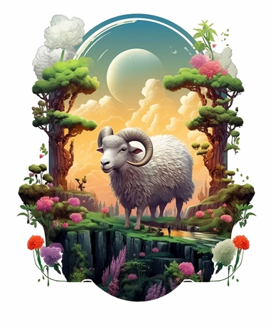 sheep, close-up, a sticker, artwork of t-shirt graphic of a majestic forest, in digital painting style, beautiful flowers, sunset mountains and clouds, big vines, stone temple covered in vines, white background, colorful fantasy flower sorround, highly detailed clean, vector image, photorealistic masterpiece, professional photography, realistic, flat white background, isometric, vibrant vector, clipart, illustration, realism, 4k, cinematic, front view, white background, paradise, extremely white