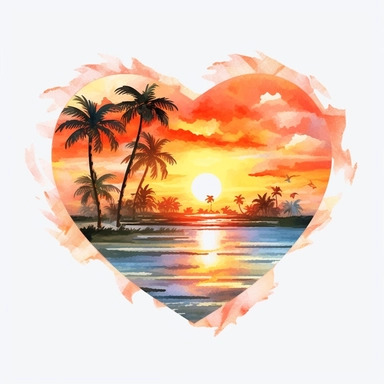 Watercolor Beach Sunsets Background, spiral heart shape (full shape, not cut), PNG Clipart, Illustration clipart, 4K, extremely detailed Sublimation Clipart,Cartoon,hyper realistic, intricate detail, illustration style,high solution,on the white background