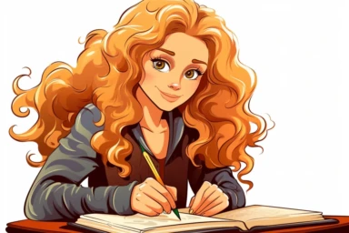 stunning girl with long blonde wavy hair coloring a coloring book on a table, clipart, vector illustration, no watermark, HD