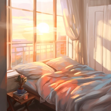 The morning sunlight shines into the window, and there is a bed in the room with oil paintings, White background, Clip Art Style