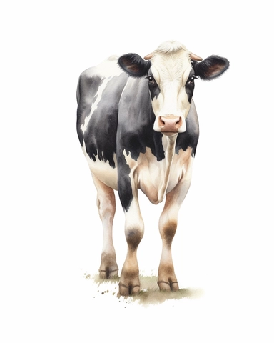 a realistic Dairy cows clipart with watercolor illustration, full body shot ,8k, style of Bohemian, style of Anna Süßbauer and Jon Klassen,vector, Vector, white background,Solid Background, Sharpness and clarity, masterpiece, trending on Artstation and Dribbble.