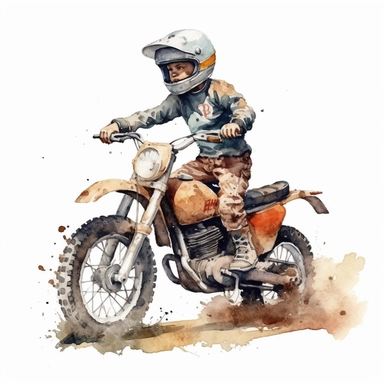 Vintage kids Dirt Bike with a kid riding it on dirt with helmet ,Watercolor,Clipart,Isolated, White background