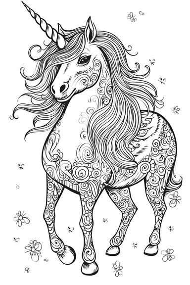 cute unicorn playing depicted in the style of clipart, white background, vector lines, in the style of a coloring book, thick, clear,lines, black and white,