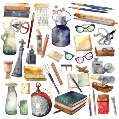 watercolour clipart of a class teacher stuff, teacher objects and elements, full length, high quality, very high details , white background
