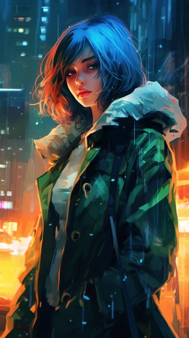 beautiful stunning pretty vintage cyberpunk anime girl, paint art style, clipart, city landscape background, superrealistic, one of a kind