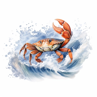 Watercolor hand-drawn crab illustration - jumping up from the foamy ocean wave, playful, happy mammal. Character, logo, children wallpaper, doodle, cartoon. Marine clip art. Ocean, sea inhabitant. White Background