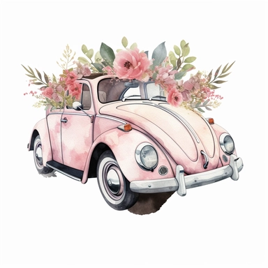 clipart, vintage white Volkswagen bug convertible with the top down, convertible top down, surrounded by muted pink florals , clean white background