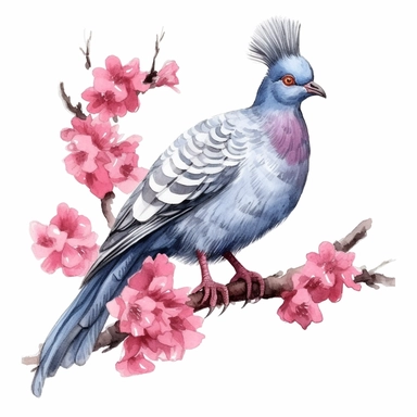 Victoria Crowned Pigeon sits on a sakura branch on a white background, illustration in watercolor style, drawing done in professional glazing technique, expressive details, realistic drawing technique, saturated colors, harmony with nature, pronounced contours, clipart, a masterpiece, white background