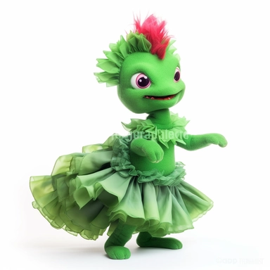 green baby girl Godzilla, looks like an alien, doing high step dance moves, wearing a designer dress made from Phoenix feathers , ultra high fashion, wearing ruby neck scarf, techno lighting, disney cuteness, plain white background, cutout clipart