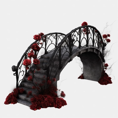 black Gothic Bridge Dark Fantasy Garden with red rose Clipart, white isolated background, space out, hd, 8k, realistic
