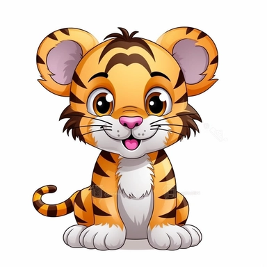 cute cartoon tiger drawing, big eyes, illustration clipart, detailed, black outline, white background, digital art