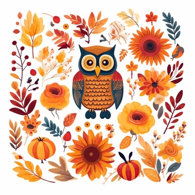 Autumn floral set. Colorful floral elements for fall floral clipart Flowers owl pumpkin apple floral bouquet vector