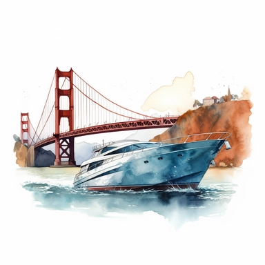 Pershing yacht in front of Golden Gate Bridge, watercolor clipart, bright colors, minimalist, isolated white background, 8k
