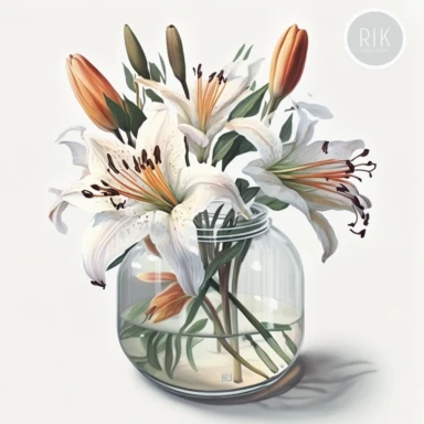 Watercolor realistic detailed white tiger lily bouquet in a clear jar clipart, white background, no text