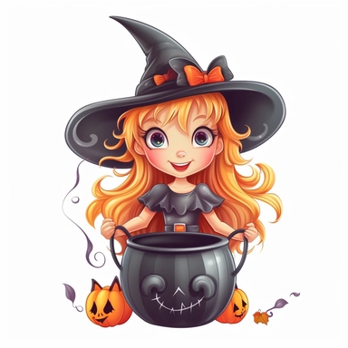 A cute fairy with bat wings and a witch hat, holding a cauldron filled with candy and smiling mischievously. White background, vector, clipart cartoon