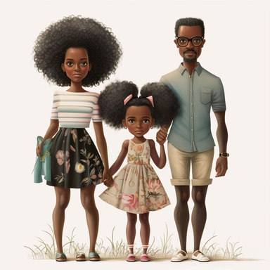 Happy Black Girl and her mom and dad Smiling art,black girlsclipart, Funny black girl , Cheerful african american girl child png, clipart, afro ,Full body with legs , in sag harbor at thw beach , Cottage core , preppy , Highly detailed close-up portrait ,