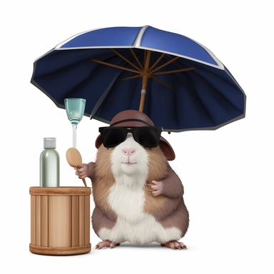 hyper-detailed clipart illustration of a happy Guinea Pig, sitting on a beach chair, wearing sunglasses and sipping a cold drink with a funny hat and a tiny paper umbrella, extreme close-up view, isolated on white background with margins, Studio Ghibli-style,