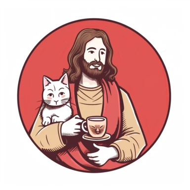 Jesus holding a cute cat and drinking coffee , clip art