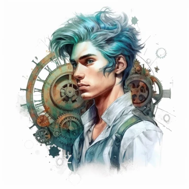 beautiful stunning handsome steampunk young man, he has coloured hair, paint art style, clipart, white background, superrealistic, one of a kind