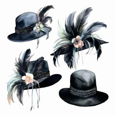 high detail watercolor clip art high fashion hats with feathers and pearls in black, on a white background