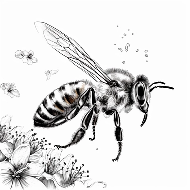 clipart, thin black outline, Watercolor, a honey bee , side shot, with the details of its antenna legs and wings, in the style of airbrushing, liam sharp, overexposure, brushwork emphasis, sofonisba anguissola. gathering pollen from spring flower. Clipart, vector, contour, solid white background