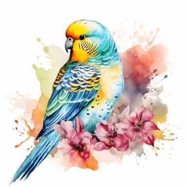budgie bird,watercolour style, colourful, rainbow, watercolour, isolated solid background, pretty, floral, clipart, include branch and flowers--no watermark, text, words, paintbrush, typography