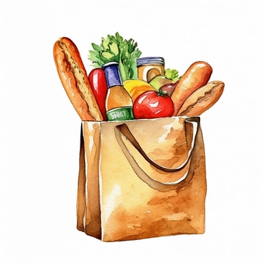watercolor french baguette in a paper bag put together with some other groceries clipart, hd