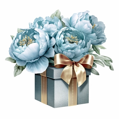 Watercolour realistic pastel blue iridescent glitter peonies in flower bouquet box with delicate ribbon bow wrapped around it intricately realistically detailed pastel blue peonies, PNG image,transparent background ,ultra highly detailed, 18k, sharp focus, bright photo with vibrant colours, digitally enhanced,photographic, enhanced graphics, png format, straight, sharp focus, bright lighting, intricate detailed png image ,high definition,300dpi,graphic clipart,computer graphics