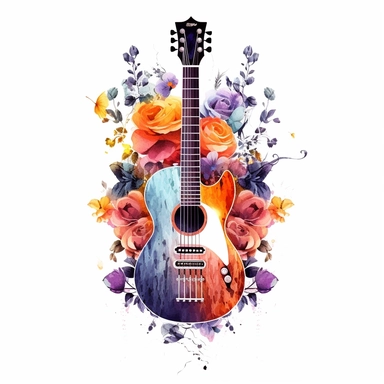 clipart de guitarra española con mariposas y flores, acuarela, 16k, hiper minimalista, megapixel, full color, super detailed,insanely detailed and intricate, ultra detallado