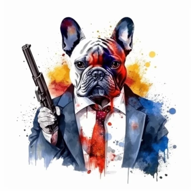 angry mafia boss french bulldog with human hands holding a gun, watercolor clipart, minimalist, bright colors, isolated white background, 8k