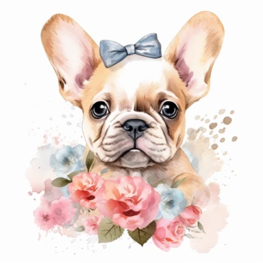 watercolour beautiful neutral white floral cute realistic French bulldog puppy with roses dahlias peonies beautifully detailed cute face perfect facial features and ears four perfect legs and paws beautiful cute realistic French bulldog puppy, png clipart, 300dpi, graphic clipart,computer graphics,high resolution print graphics