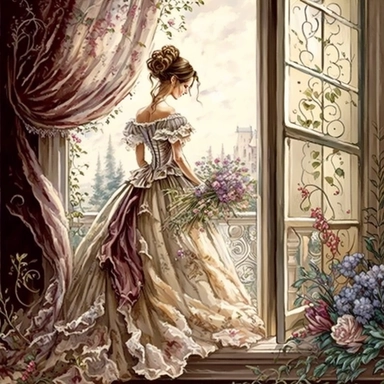beautiful lady, very detailed, wearing beautiful flowing dress, standing by large victorian window, looking out the window, beautiful romantic bouquet of flowers, beautiful crystal ornate vase, sitting on table with decorative tablecloth, infront of large victorian window with beautiful flowing curtaings, soft colors, crisp colors, ribbon, very detailed, fantasy, romantic, clipart style